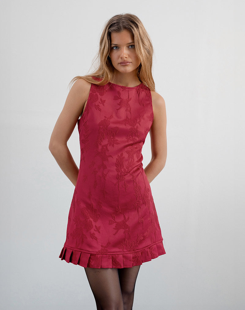Benian Mini Robe en Satin Jacquard Rouge