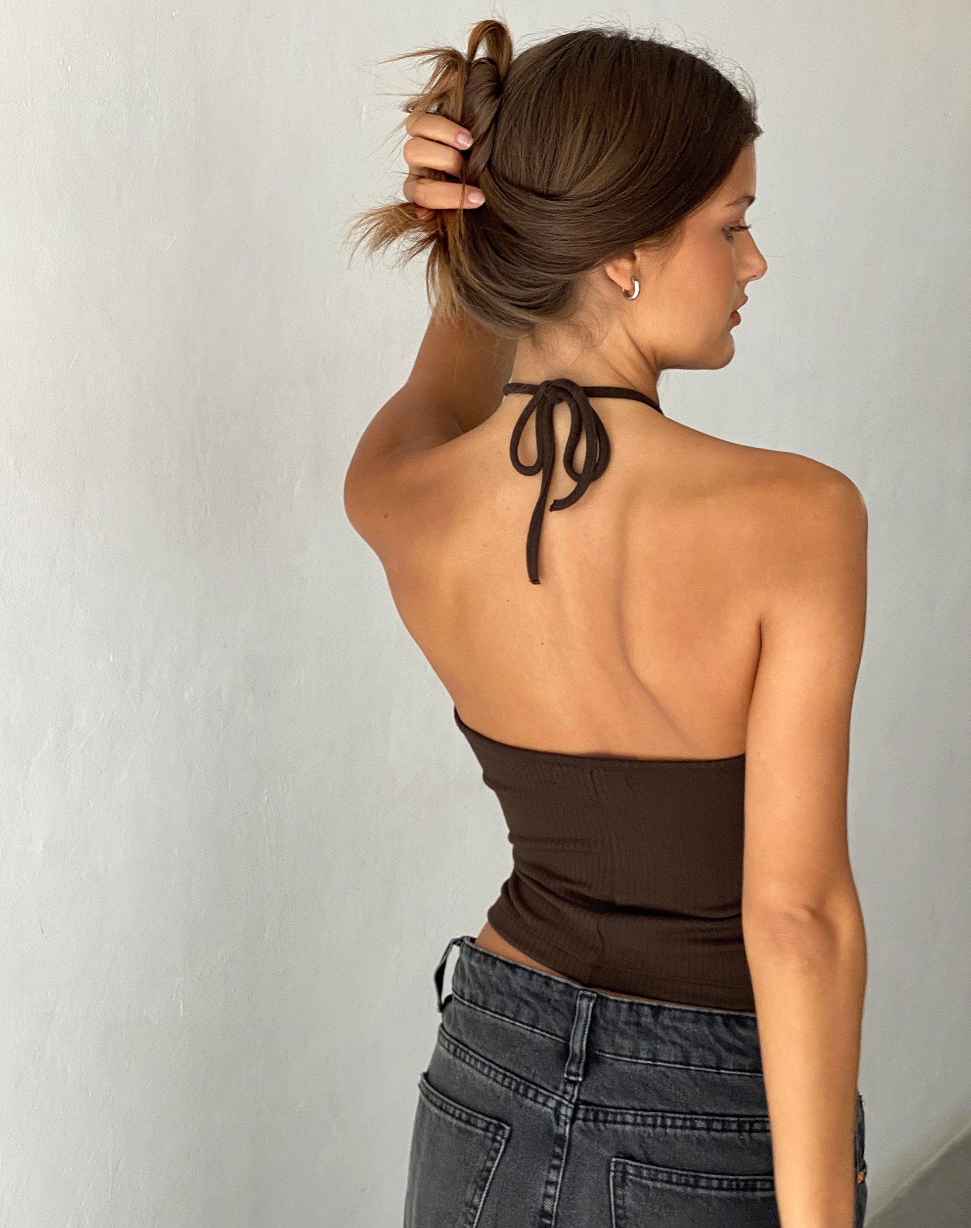 Image of Beri Ribbed Halterneck Top in Brown