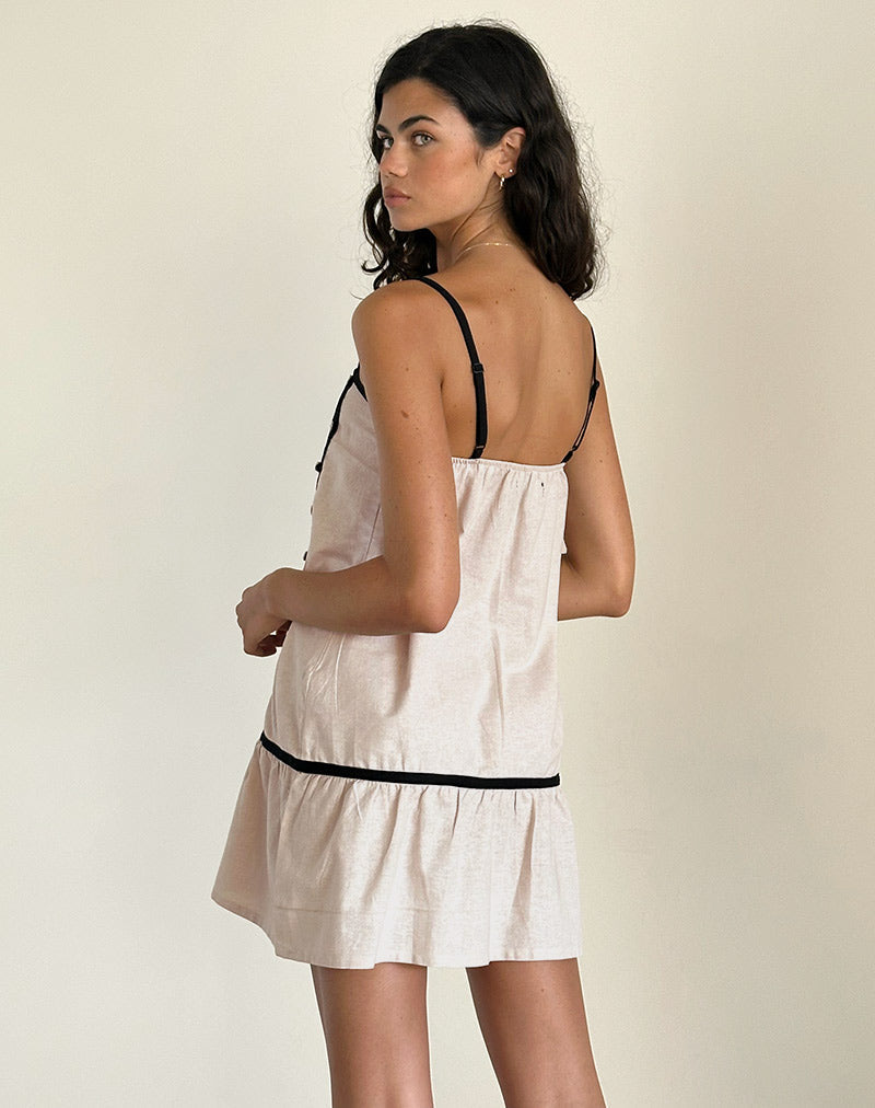 Mini robe de thé Berin en lin écru avec bordures noires
