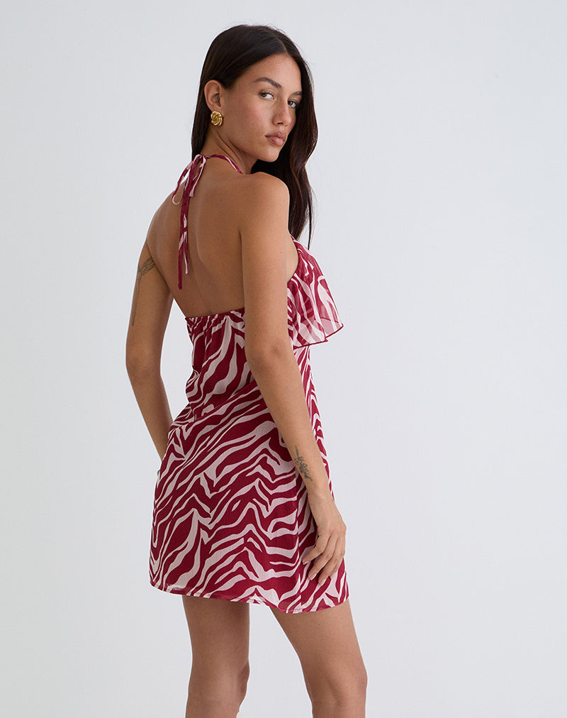 Image of Beyza Halter Mini Dress in Zebra Print Red