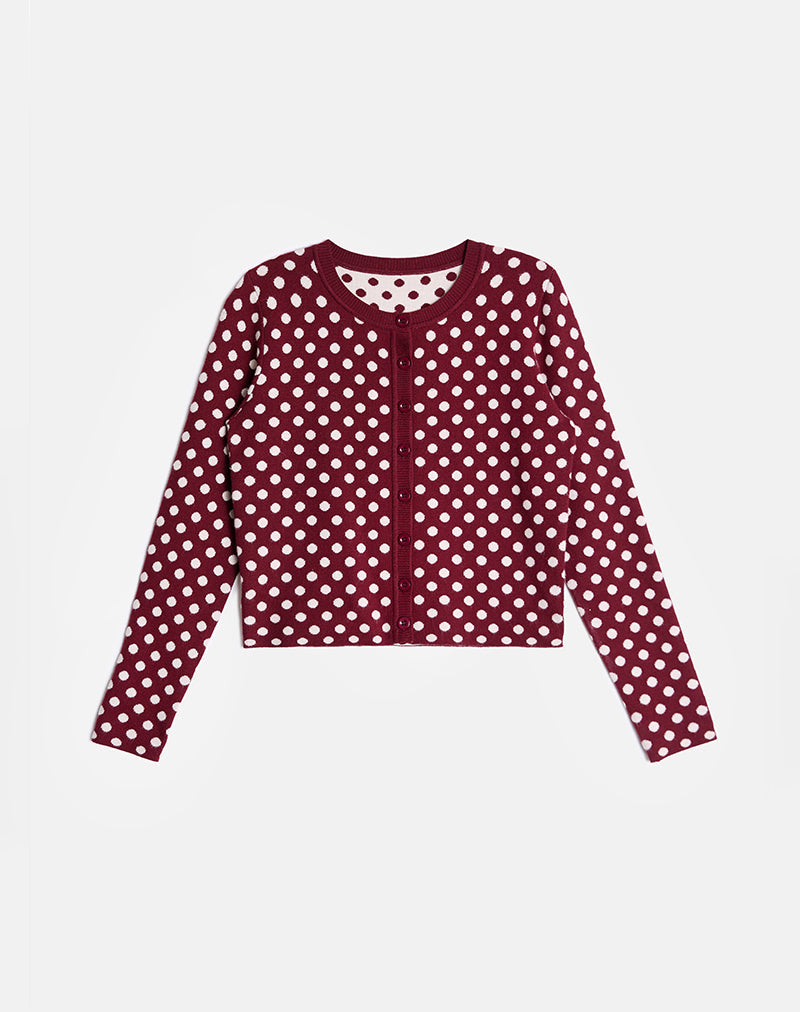 Image de Bhavina Cardigan en Bourgogne avec imprimé à pois crème
