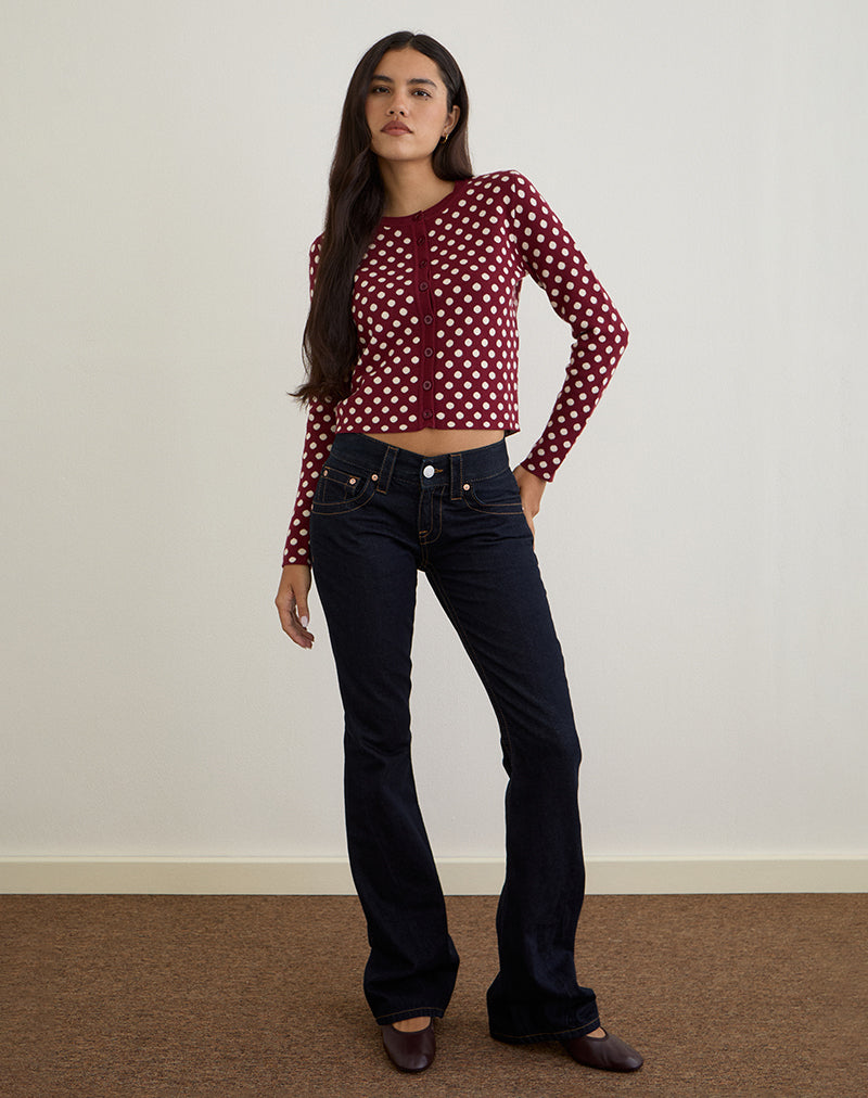 Image de Bhavina Cardigan en Bourgogne avec imprimé à pois crème