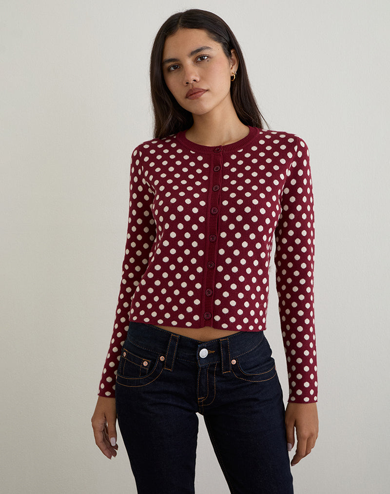Image de Bhavina Cardigan en Bourgogne avec imprimé à pois crème