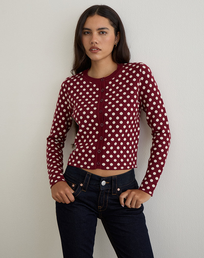 Image de Bhavina Cardigan en Bourgogne avec imprimé à pois crème