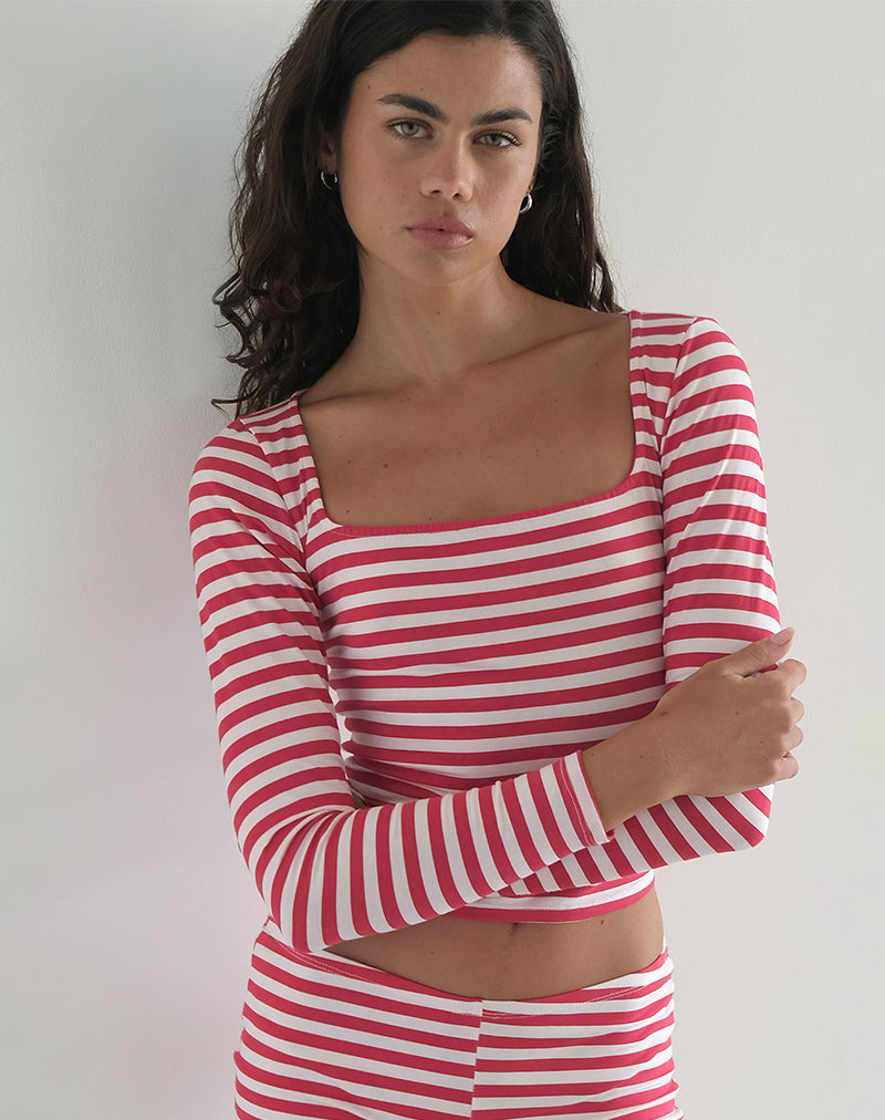 Image de Biga Long Sleeve Top in Red and White Stripe (Top à manches longues à rayures rouges et blanches)