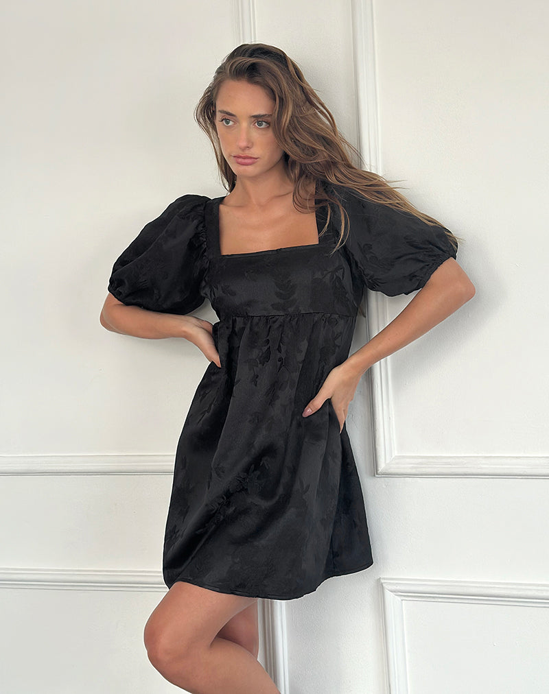 Bimbi Babydoll Mini Robe en satin Jacquard Noir