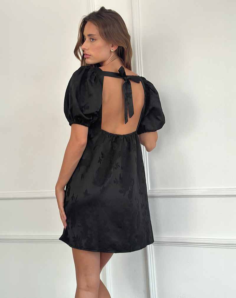 Bimbi Babydoll Mini Robe en satin Jacquard Noir