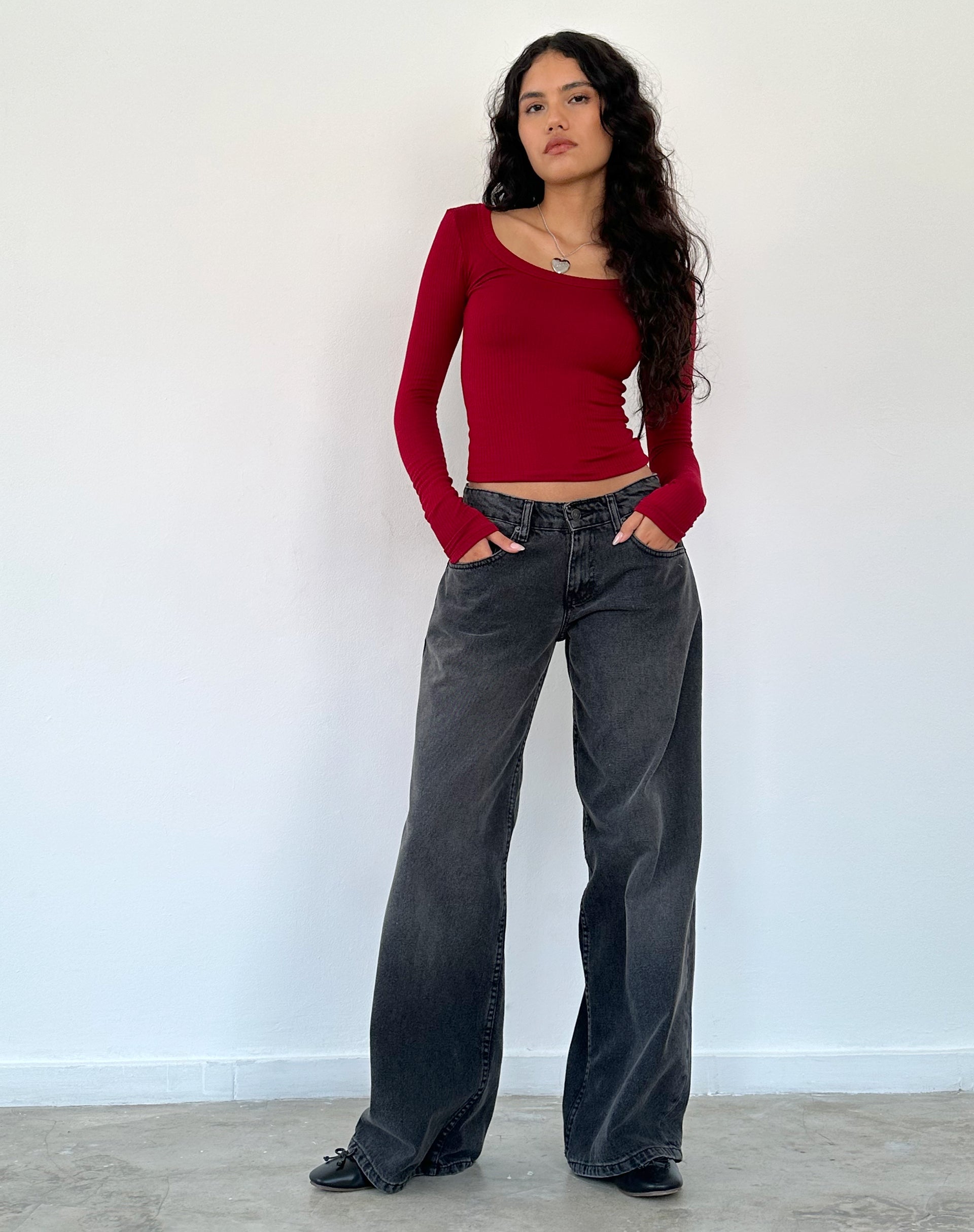Image de Binlo Extra Long Sleeve Top in Adrenaline Red Rib