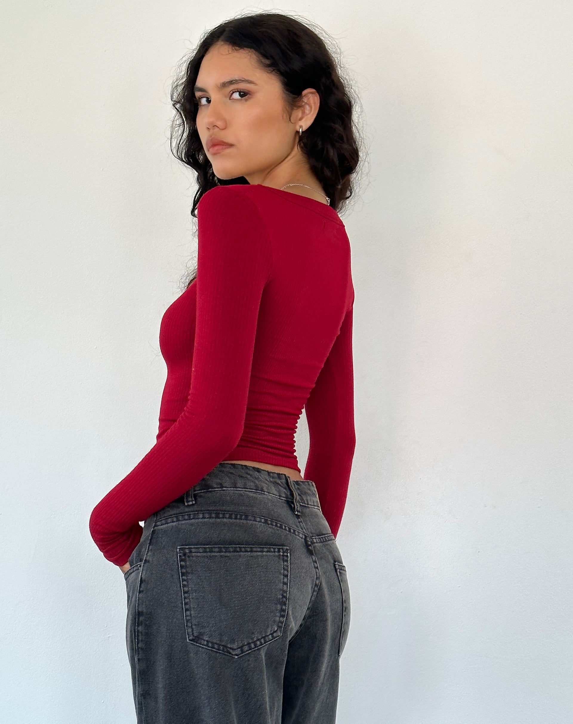 Image de Binlo Extra Long Sleeve Top in Adrenaline Red Rib