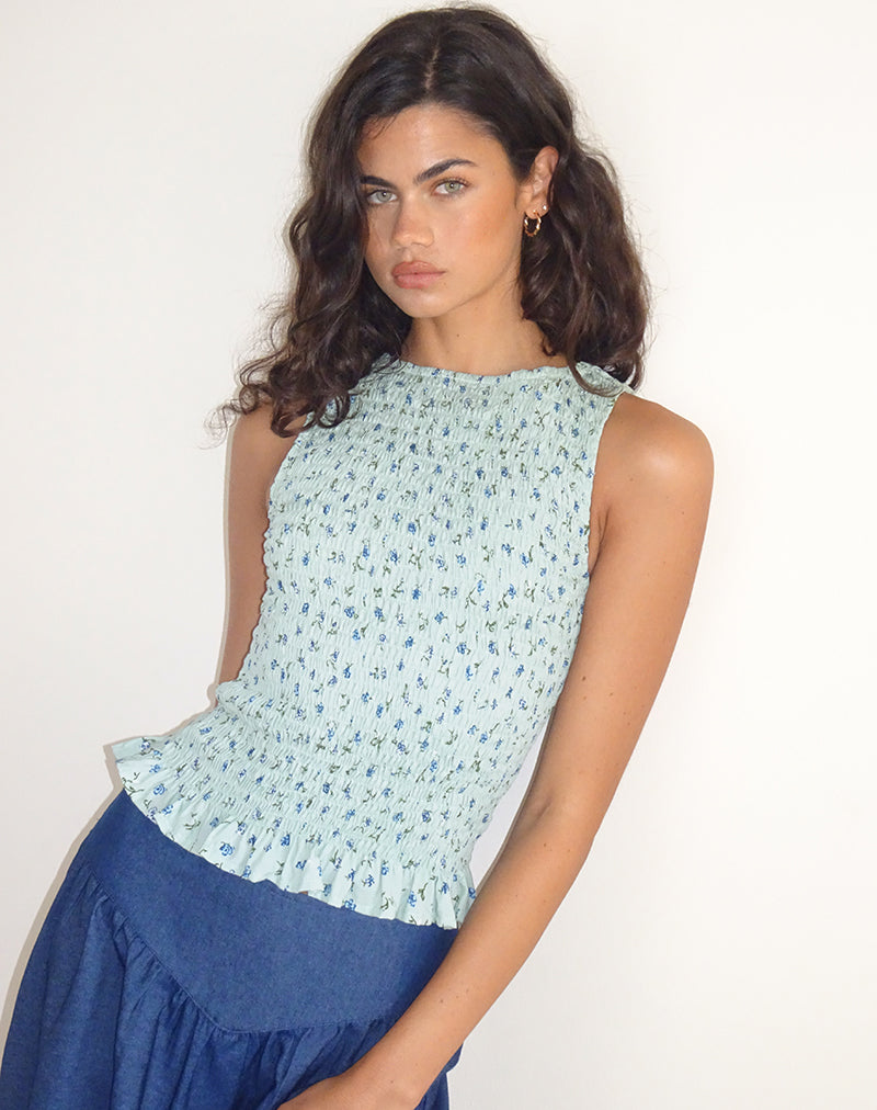 Birita Shirred Top in Pretty Petal Green (Top froncé en vert pétale)