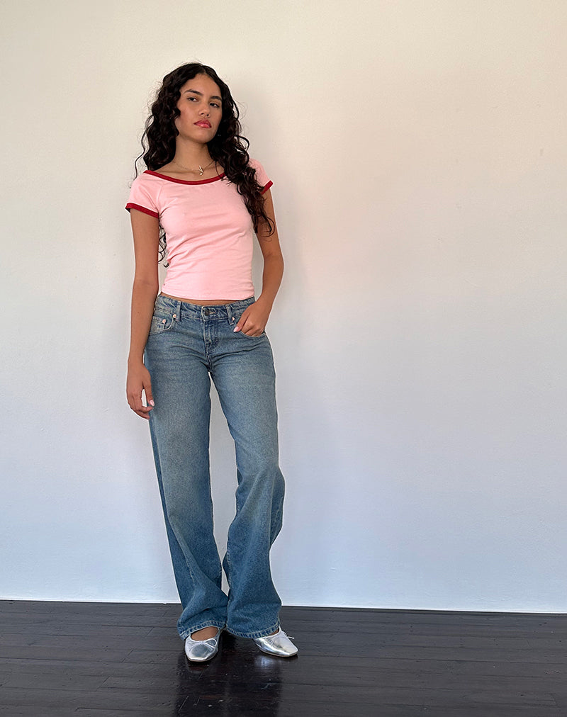 Top Bitha en rose ballet avec reliure rouge adrénaline