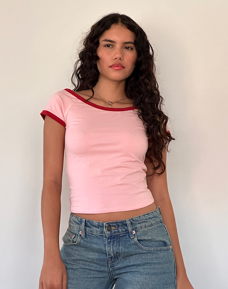 Top Bitha en rose ballet avec reliure rouge adrénaline
