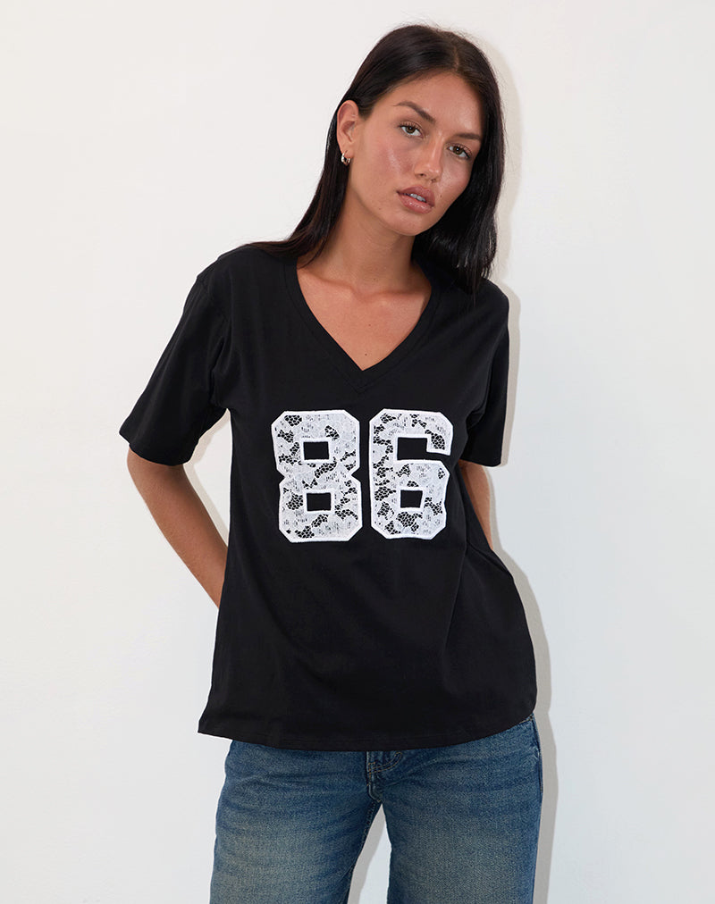 Blaine Oversized Tee en noir avec 86 broderies en dentelle blanche