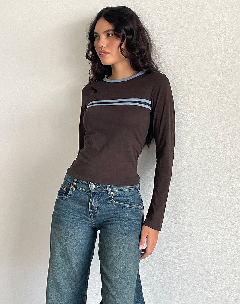 Image de Bonjita Top en brun chocolat avec reliure à deux bandes bleu cendré