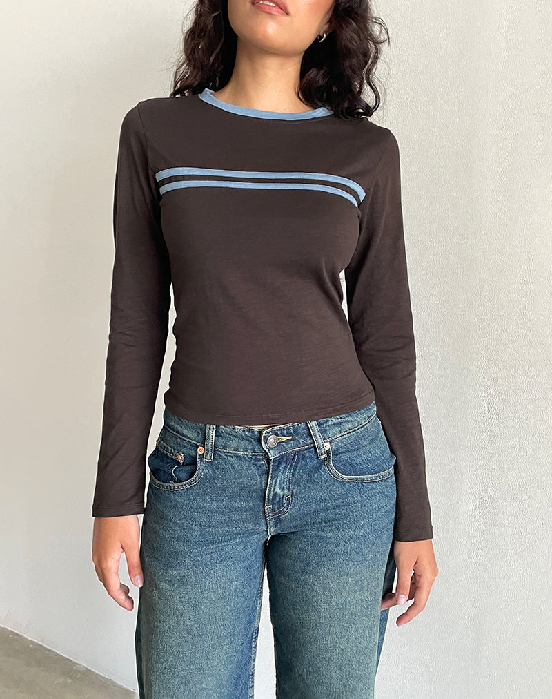 Image de Bonjita Top en brun chocolat avec reliure à deux bandes bleu cendré