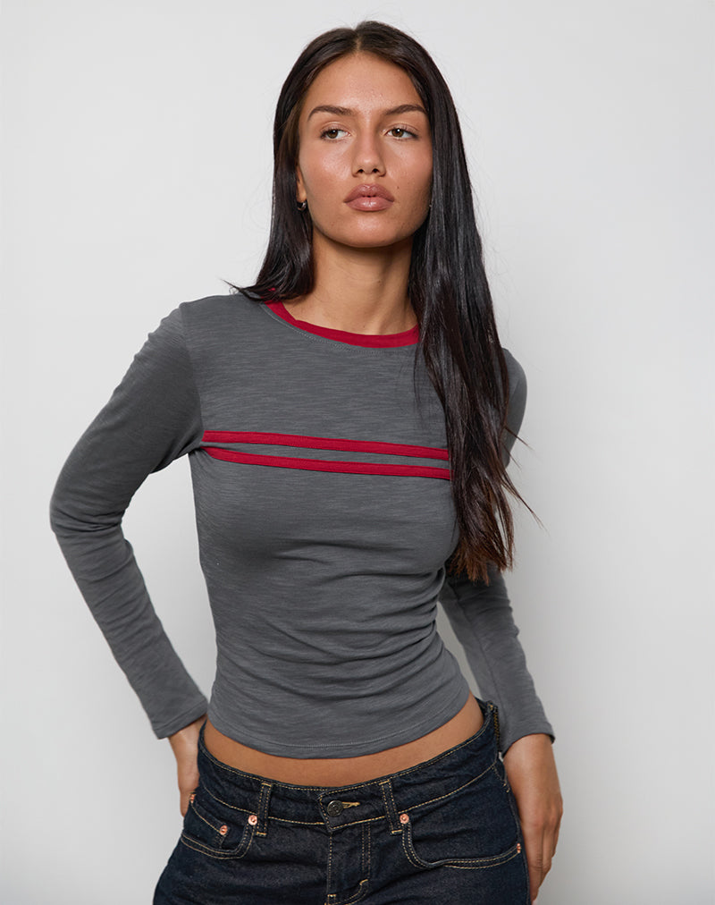 Image de Bonjita Long Sleeve Top in Storm Grey with Adrenaline Red Binding