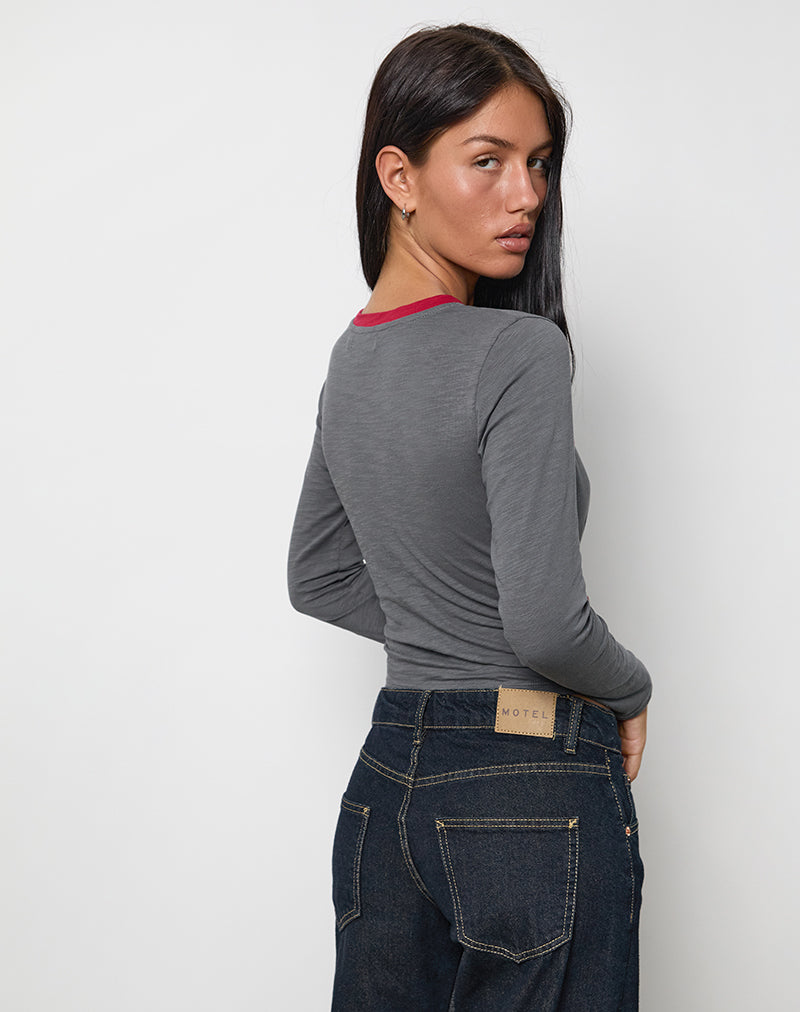 Image de Bonjita Long Sleeve Top in Storm Grey with Adrenaline Red Binding