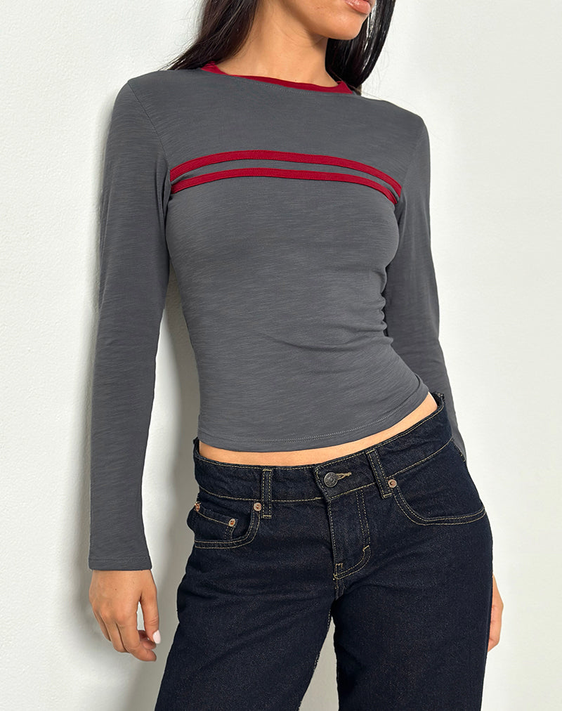 Image de Bonjita Long Sleeve Top in Storm Grey with Adrenaline Red Binding