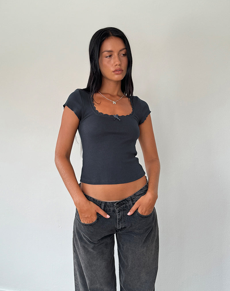 Image de Bovillo Cap Sleeve Top in Ocean Storm Ribbed Jersey