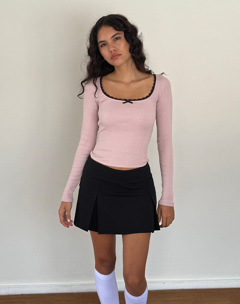 Bovita Long Sleeve Ribbed Top in Pink Lady with Black Lace (Top à manches longues côtelées en rose avec dentelle noire)