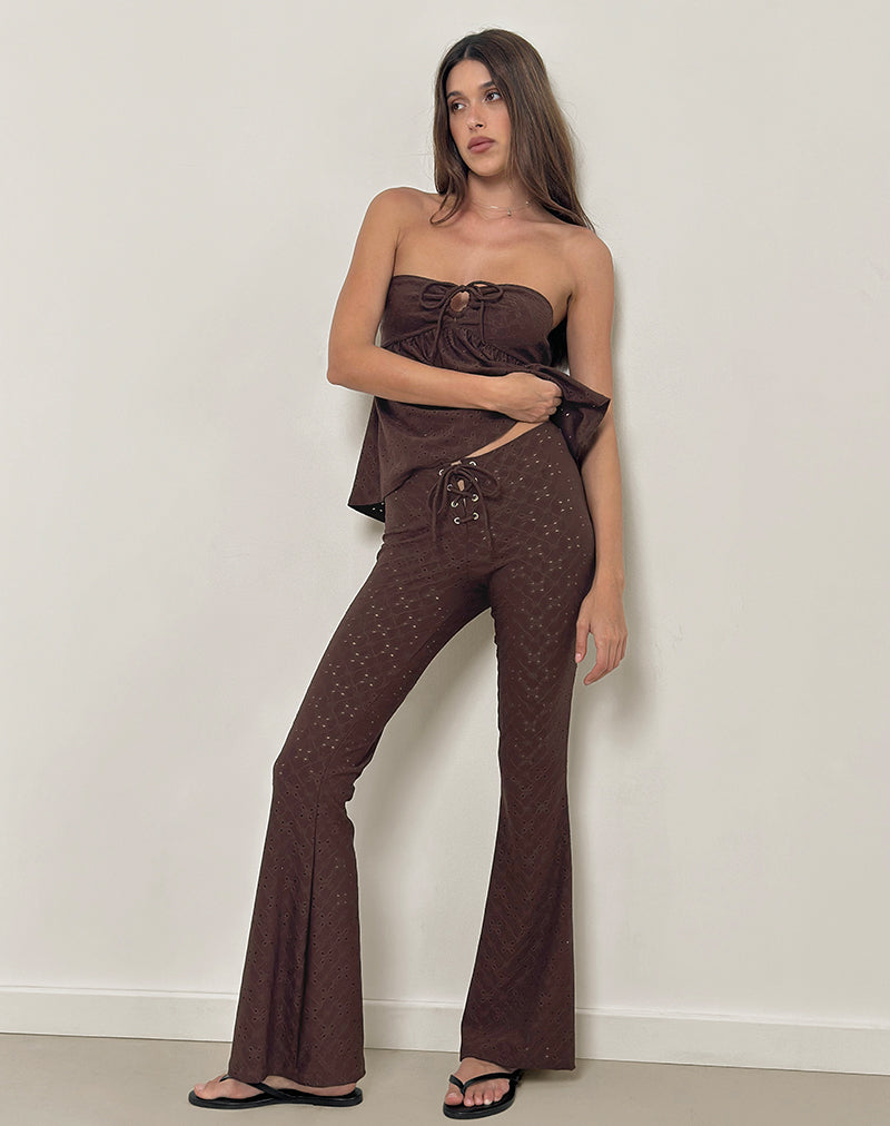 Pantalon évasé Dan Tie Front en broderie marron