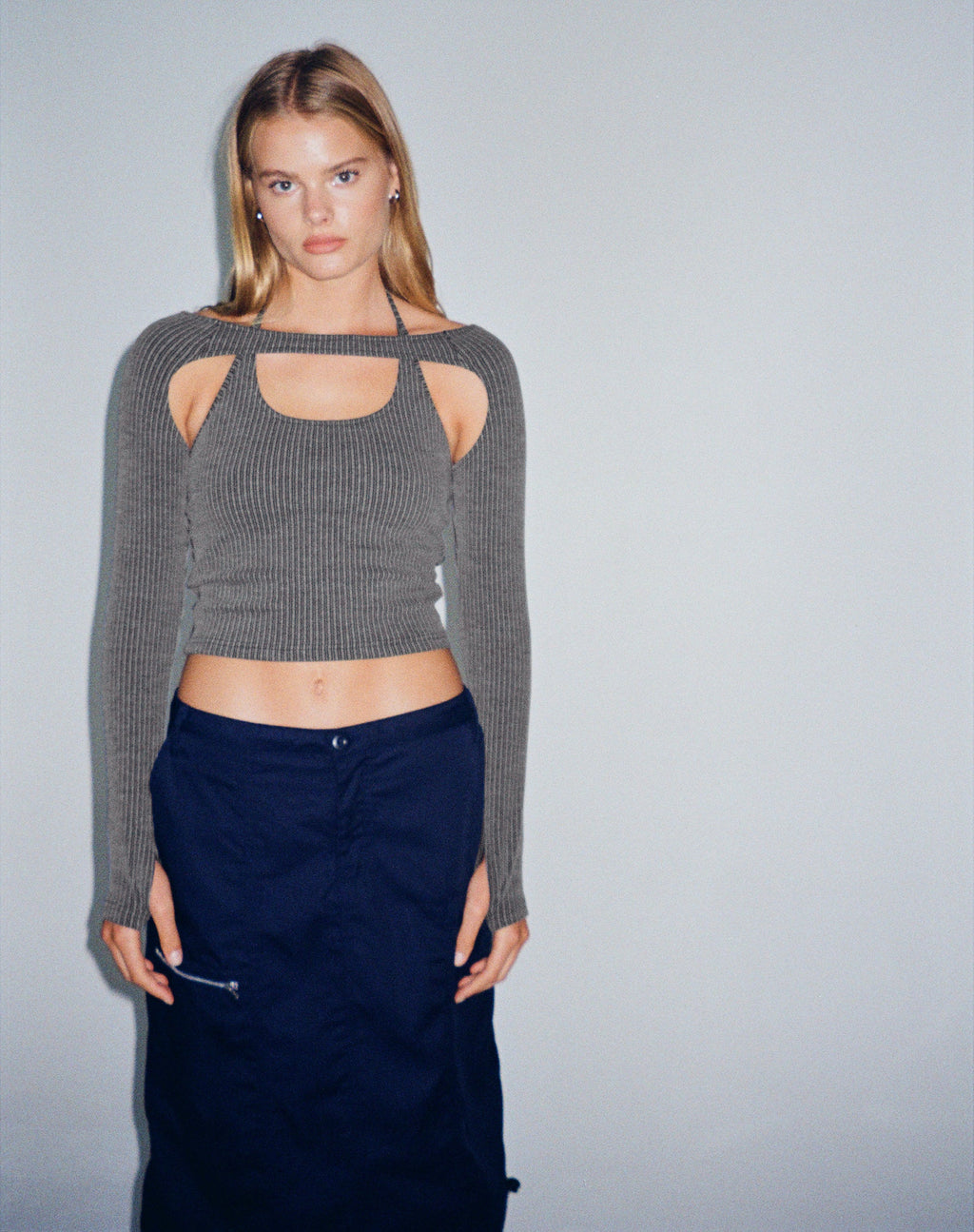 Brandy Long Sleeve Top in Two Tone Rib Charcoal (Top à manches longues en côtes bicolores anthracite)