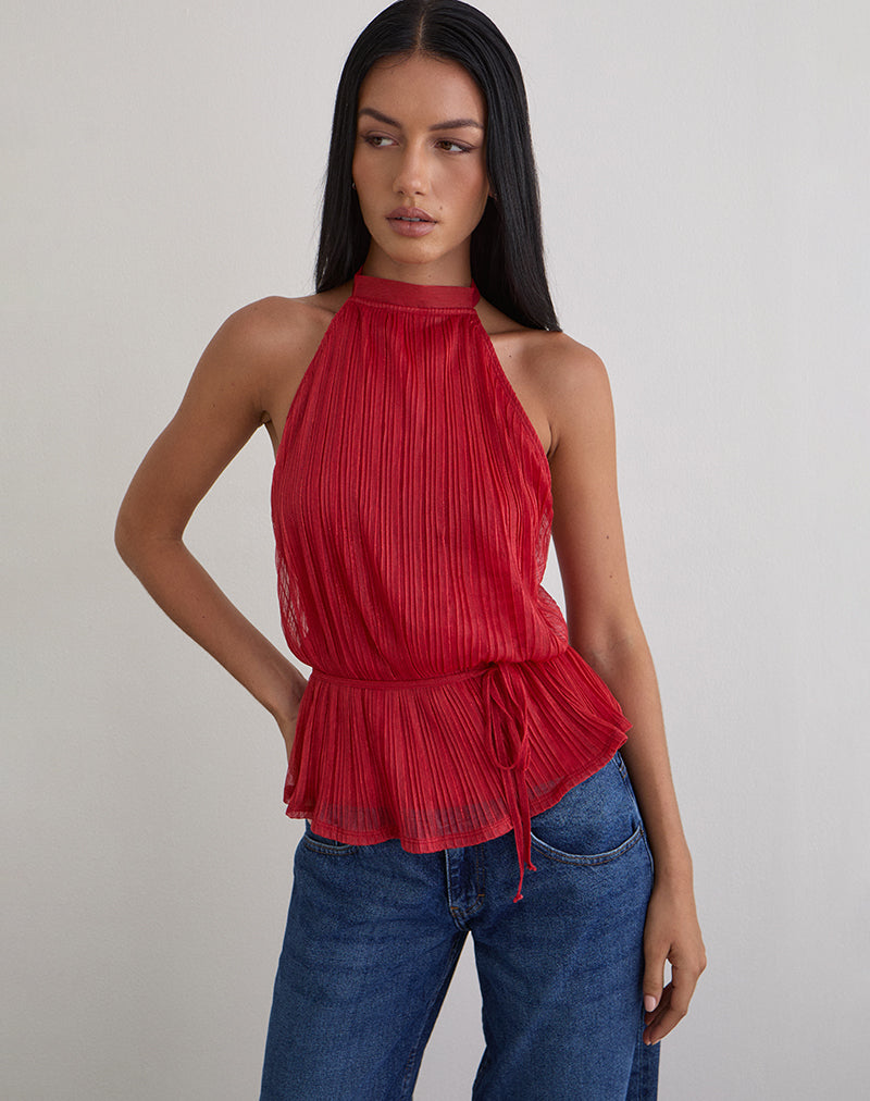 Brienne Top in Shimmer Plisse Red