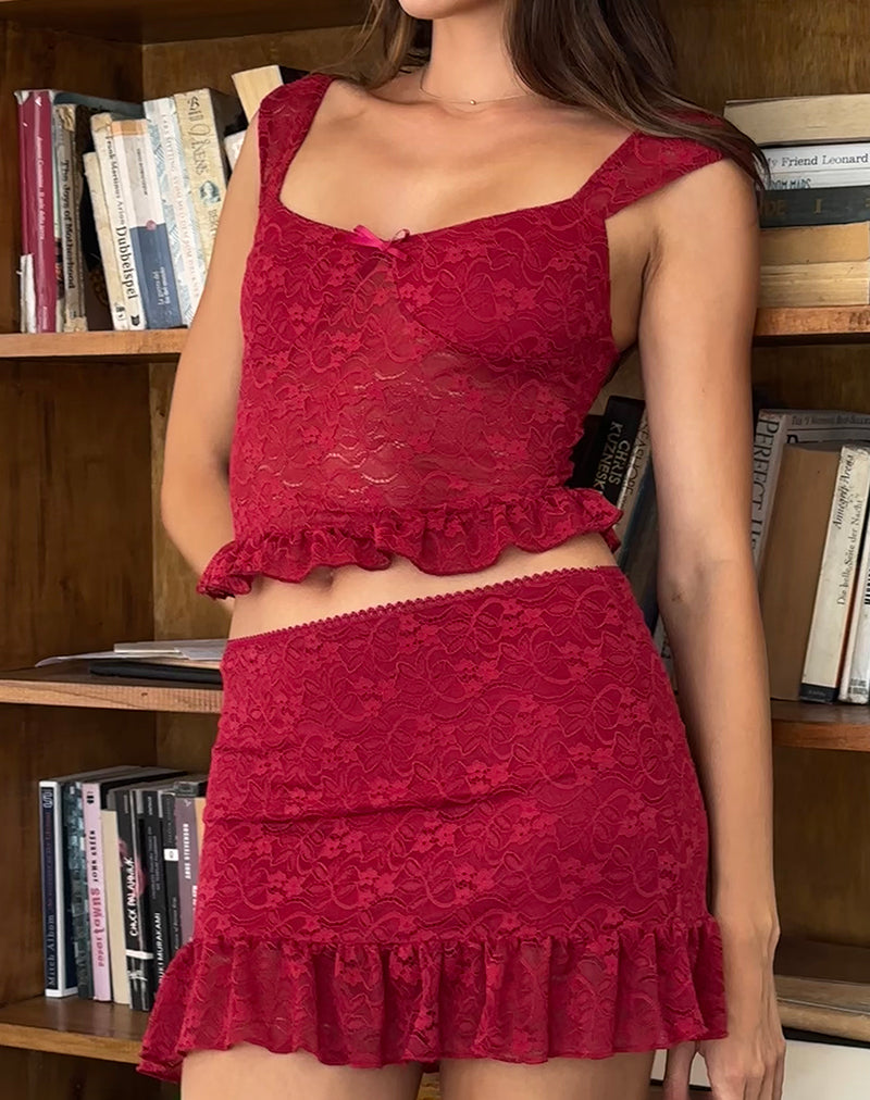 Image de la mini-jupe Krecia en dentelle rouge foncé