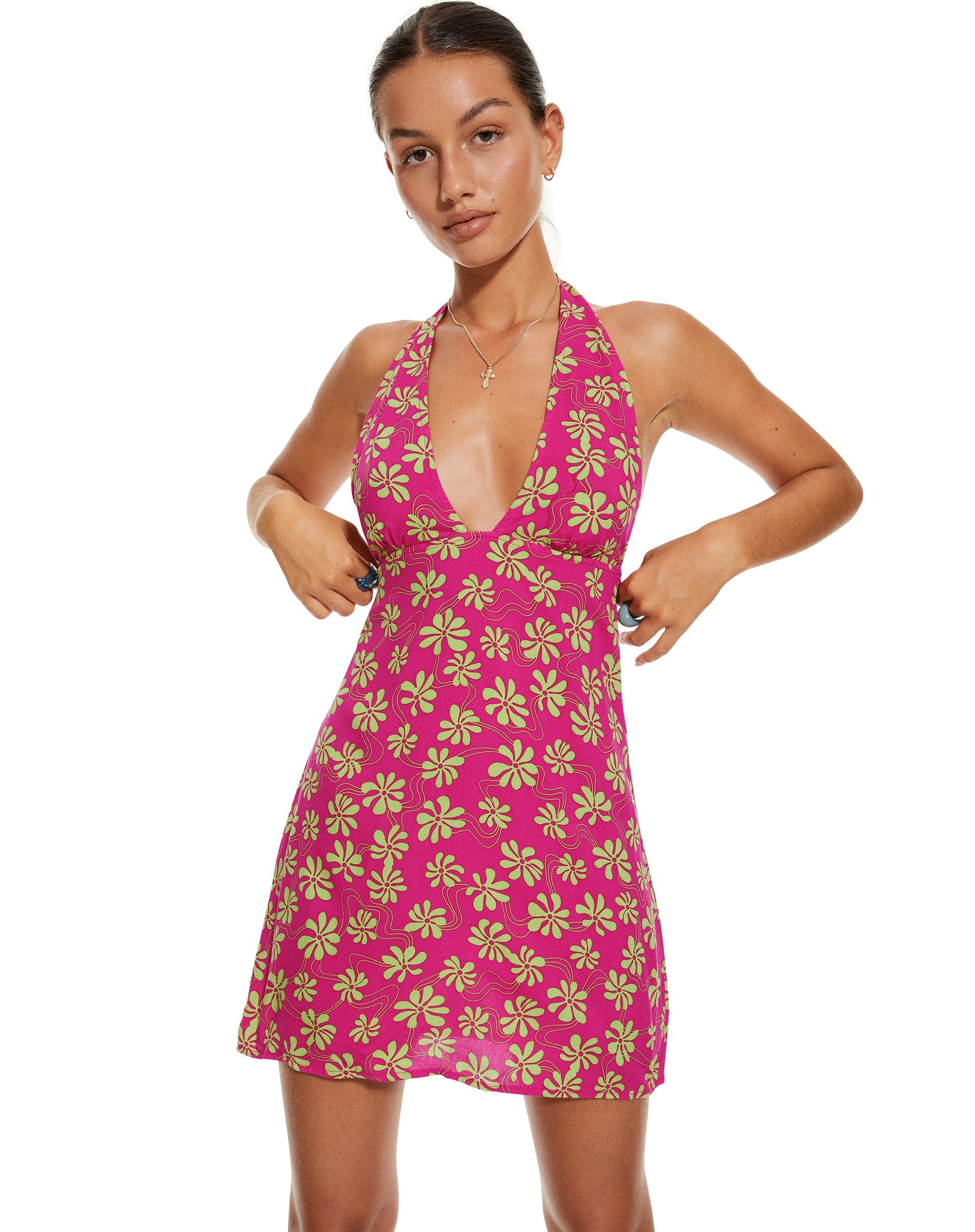 Image de MOTEL X BARBARA Mini robe Leana en fleurs de plage des années 90 rose vif
