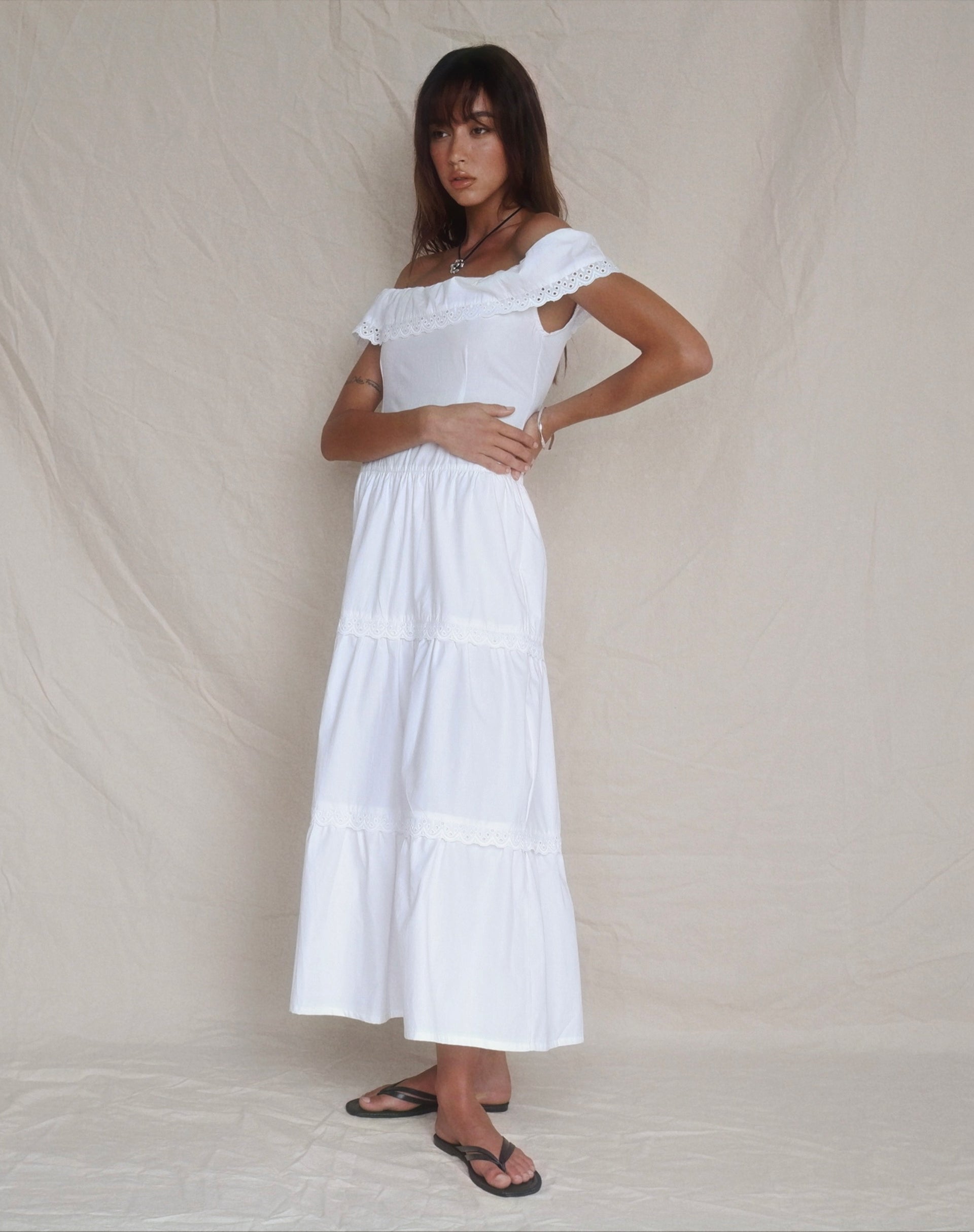 Image de Helpa Tiered Bardot Maxi Dress in White