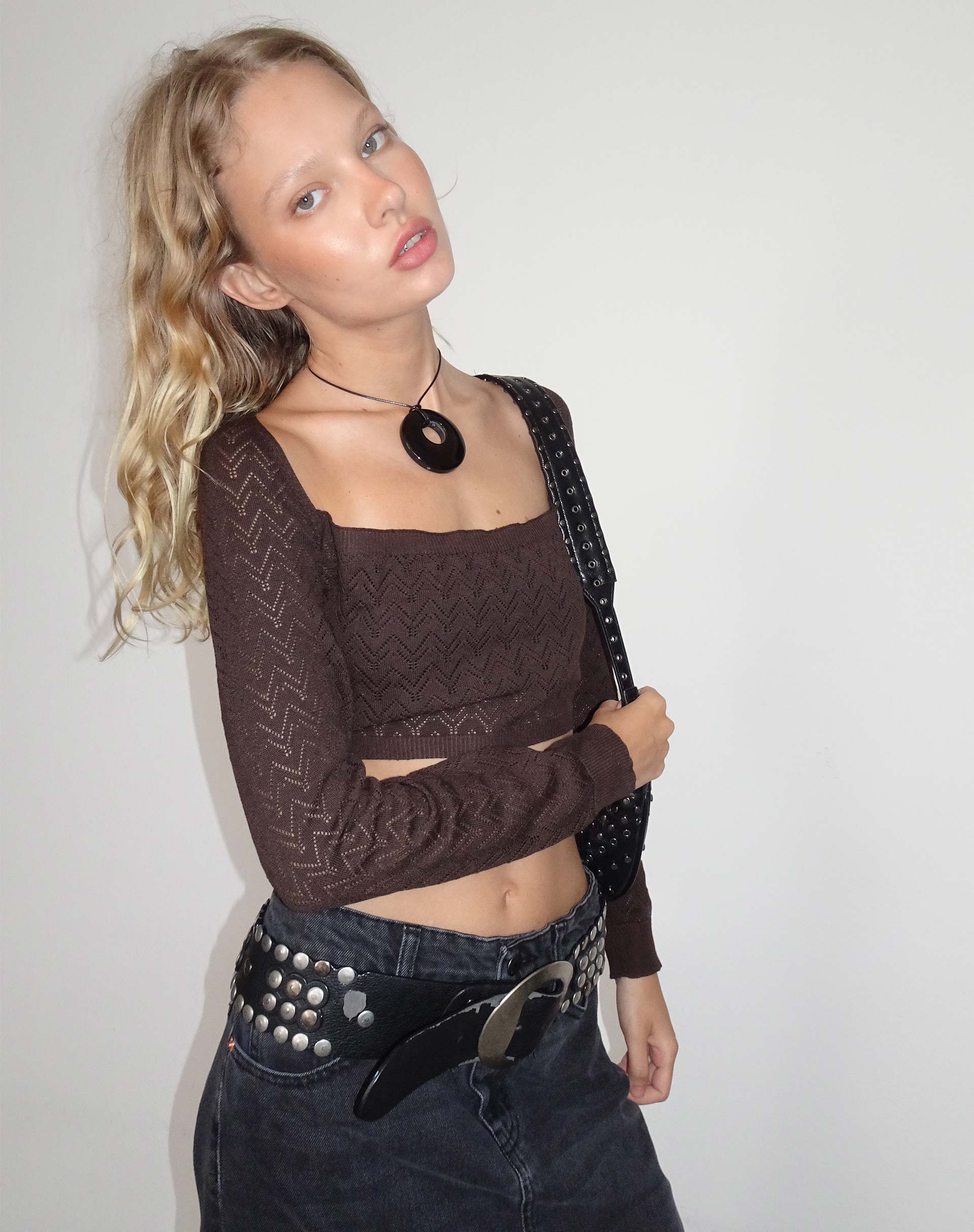Image de Calum Long Sleeve Top in Lightweight Pointelle Coffee