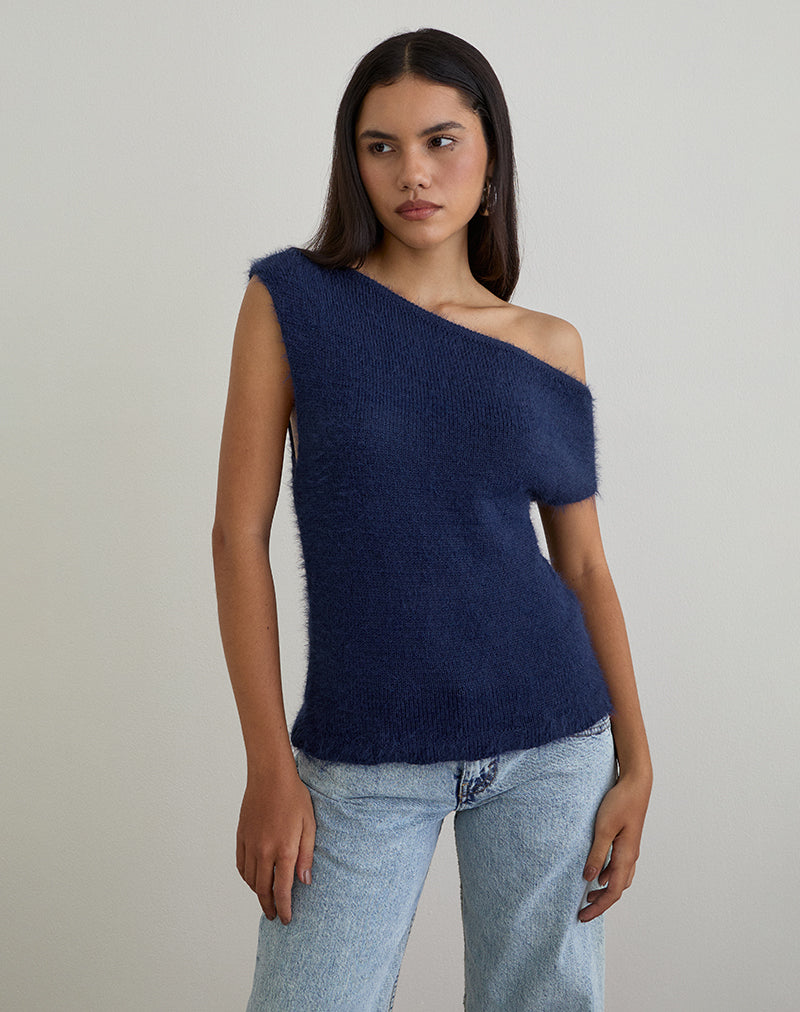Top Calyce en maille duveteuse Navy
