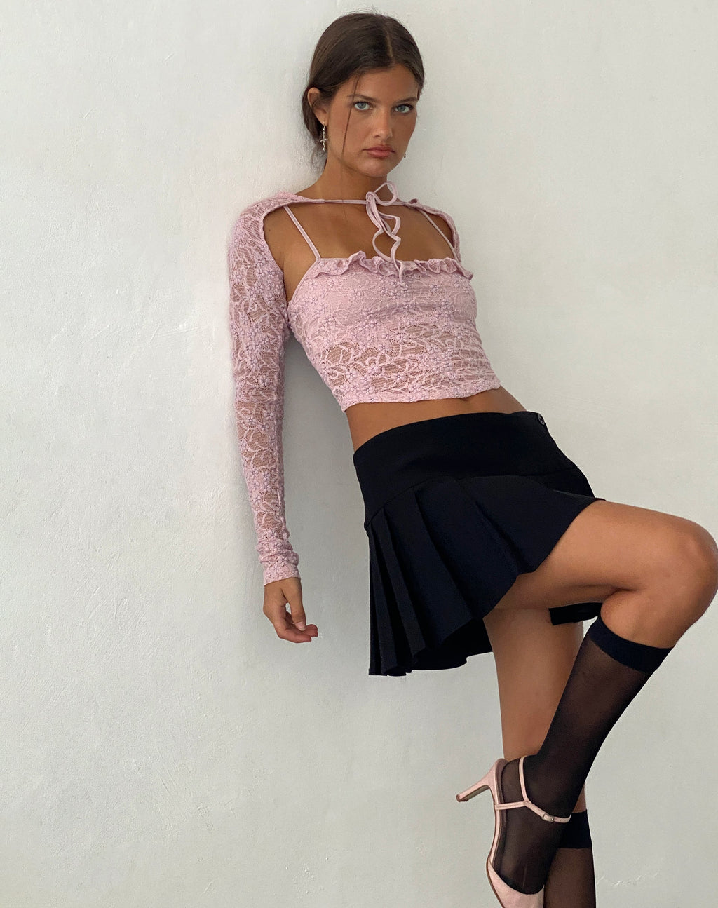 Ensemble caraco et haussement d'épaules Carlina en dentelle rose