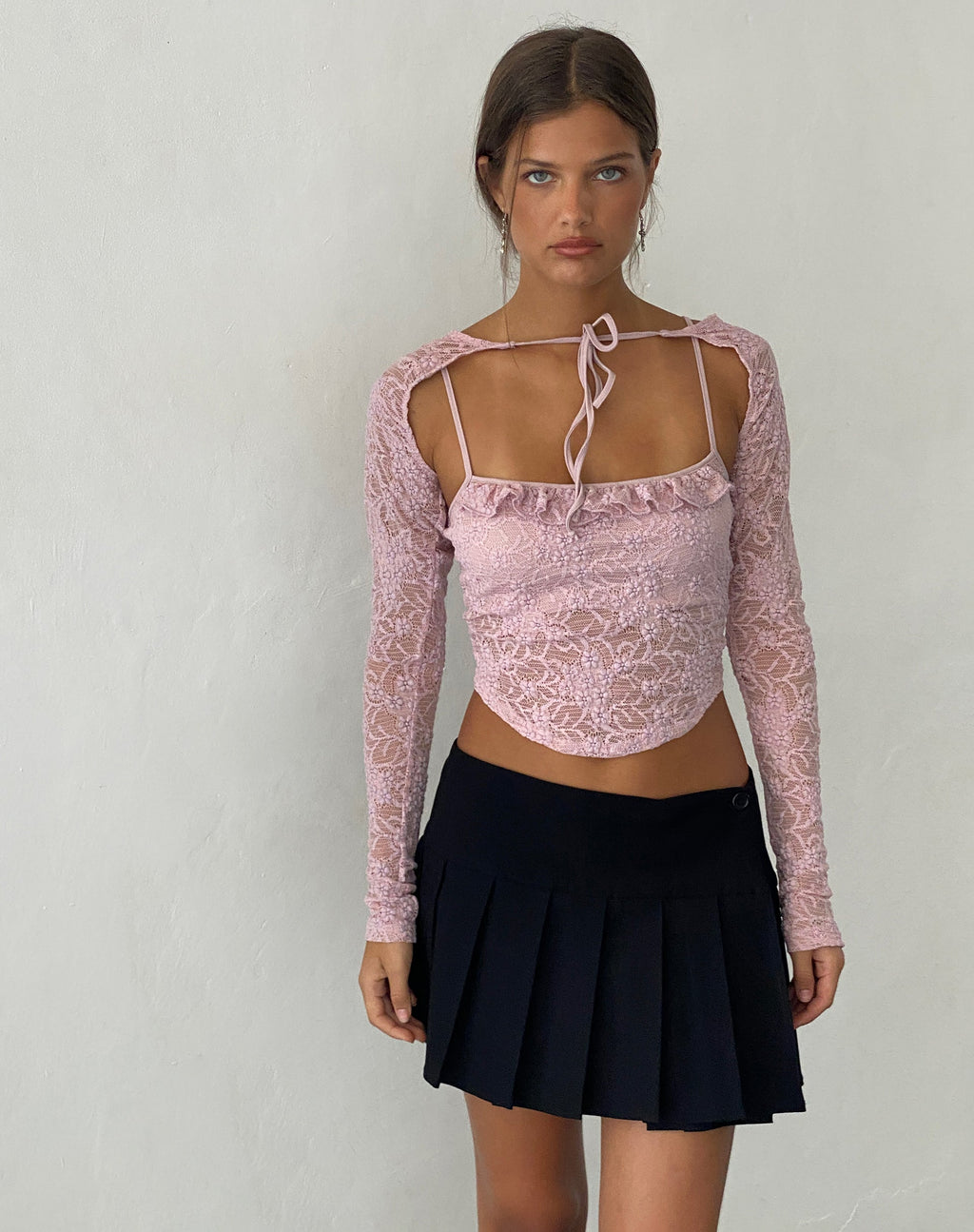 Ensemble caraco et haussement d'épaules Carlina en dentelle rose