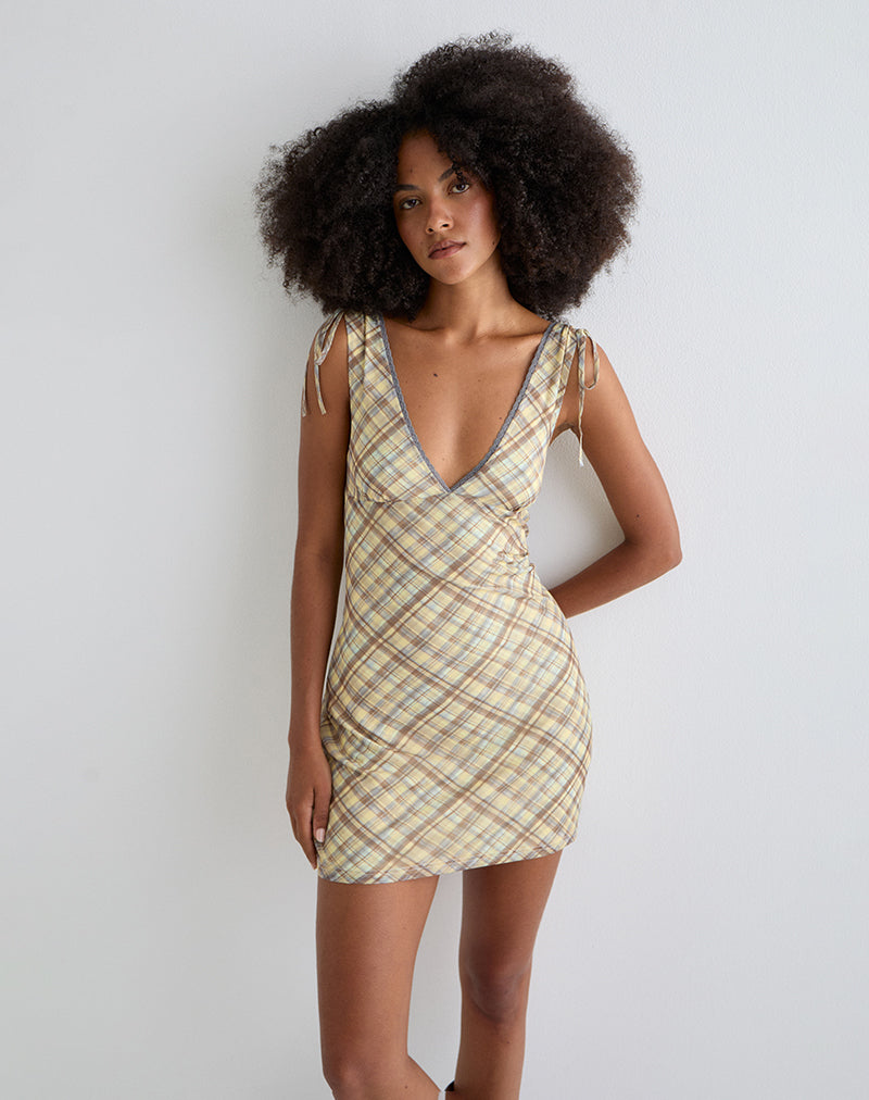 Carmila Gathered Mini Dress in Check Yellow (Mini robe froncée à carreaux)