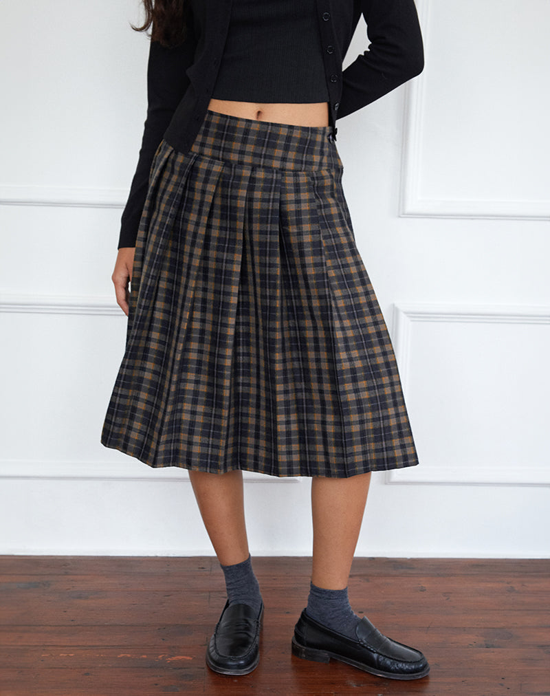 Image de la jupe midi plissée Catelyn, Navy Mustard Check