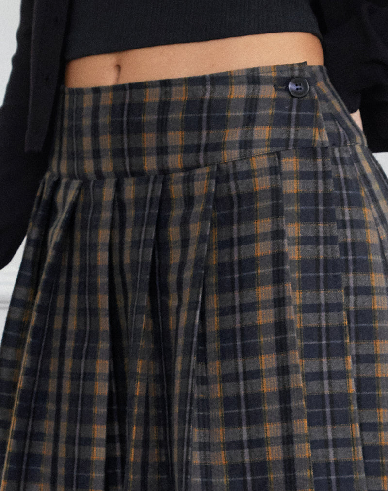 Image de la jupe midi plissée Catelyn, Navy Mustard Check