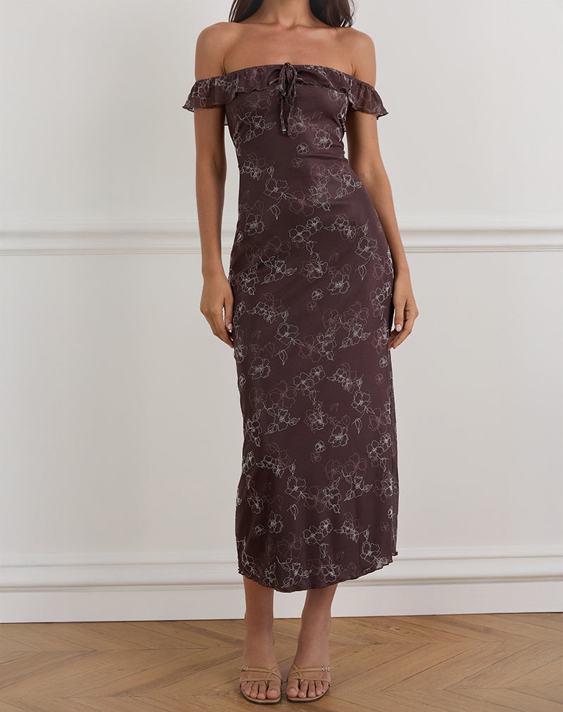 Robe midi Catrin en Doodle Flower Flock Brown