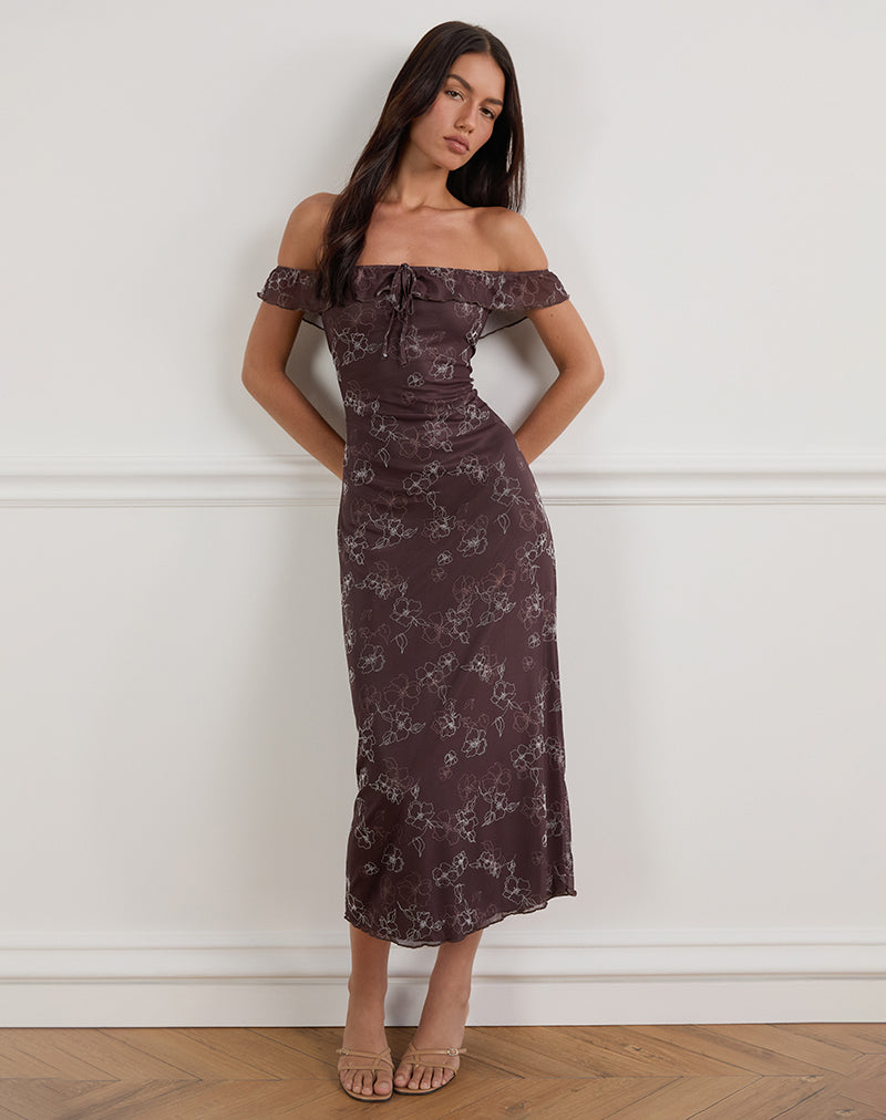 Robe midi Catrin en Doodle Flower Flock Brown