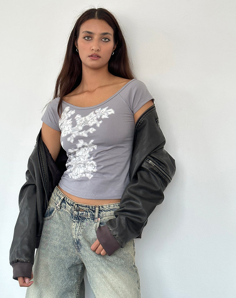 Charya - Top asymétrique en dentelle florale grise