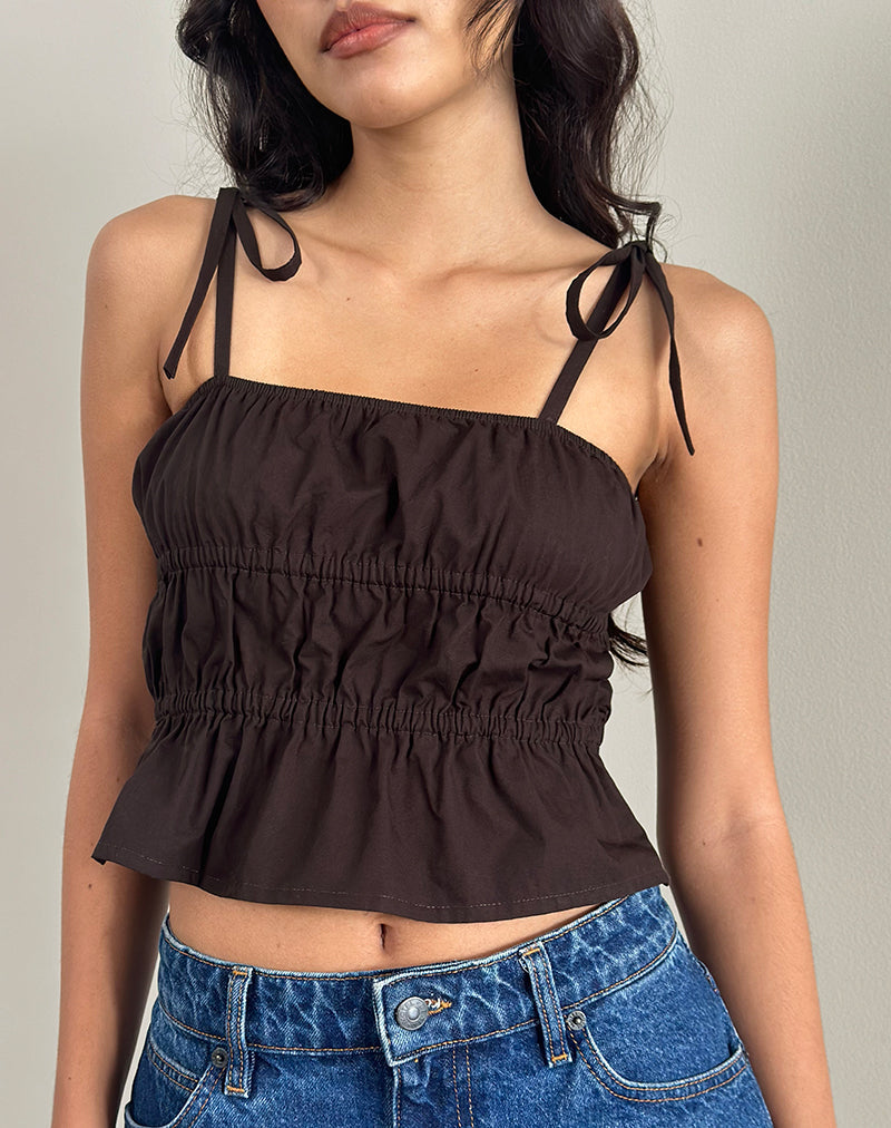 Image of Chibi Ruched Tie Top in Bitter Chocolate