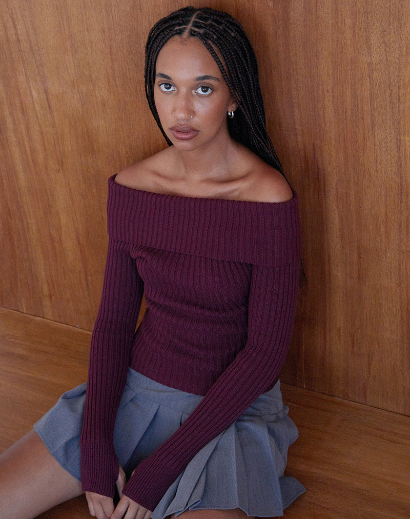 Image de Circe - Pull bardot en tricot - Bourgogne