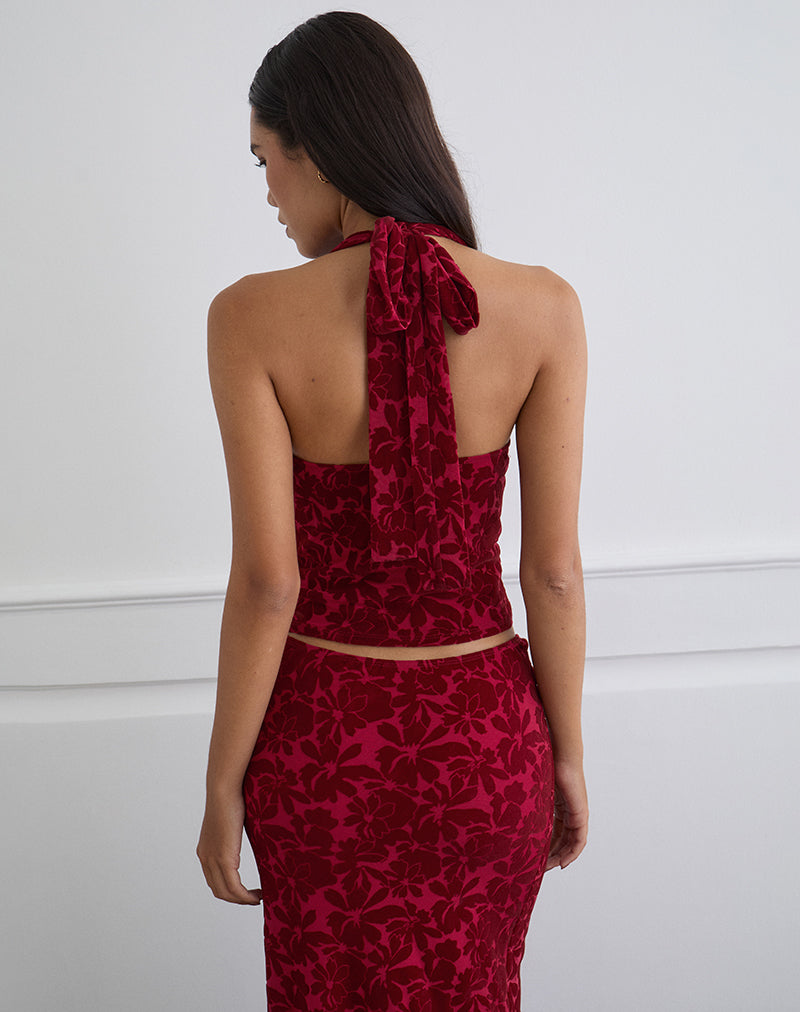 Image of Clandy Cowl Top in Flocked Mesh Flower Cherry