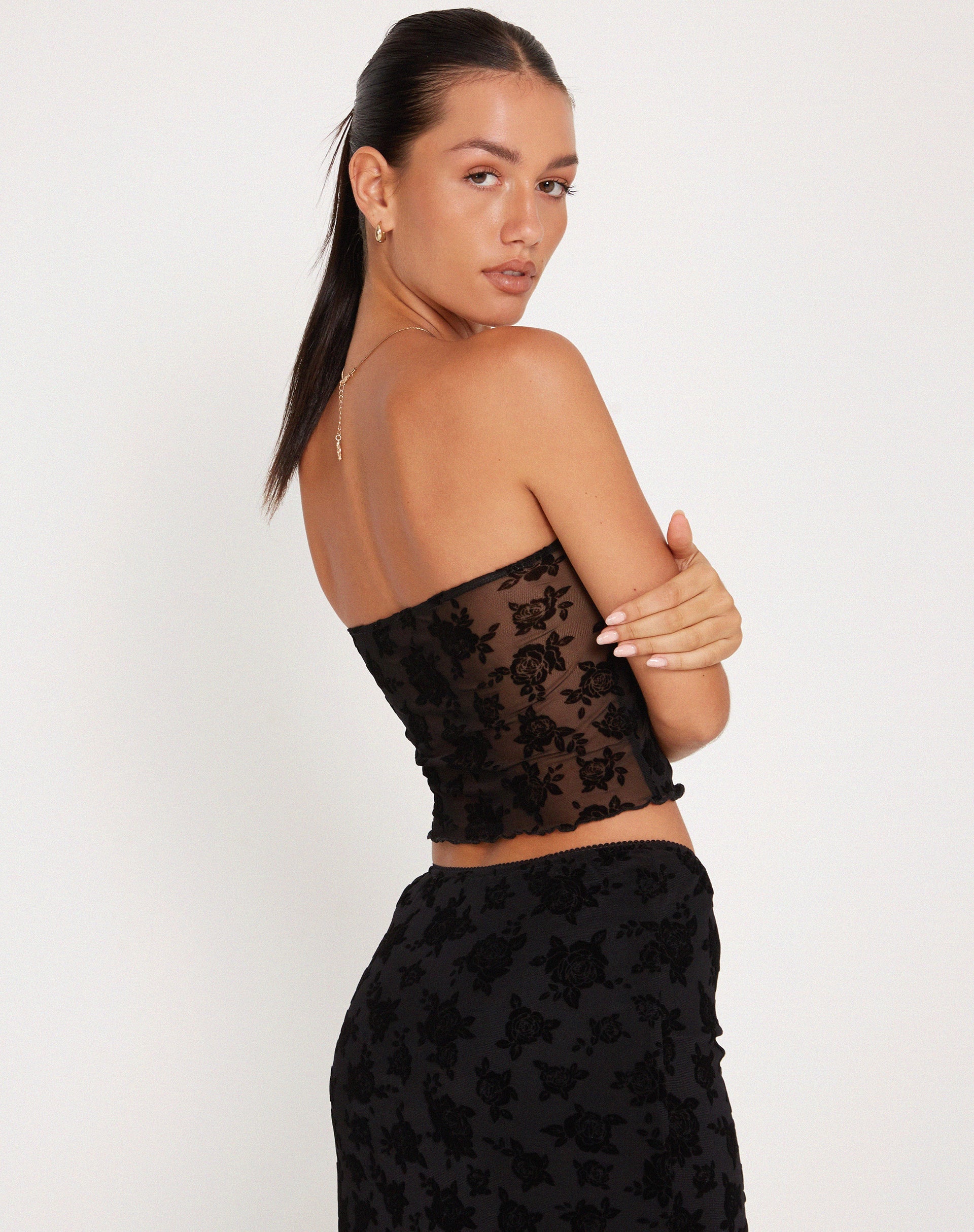 Image de Claryn Corset Top in Mesh Black Romantic Rose Flock