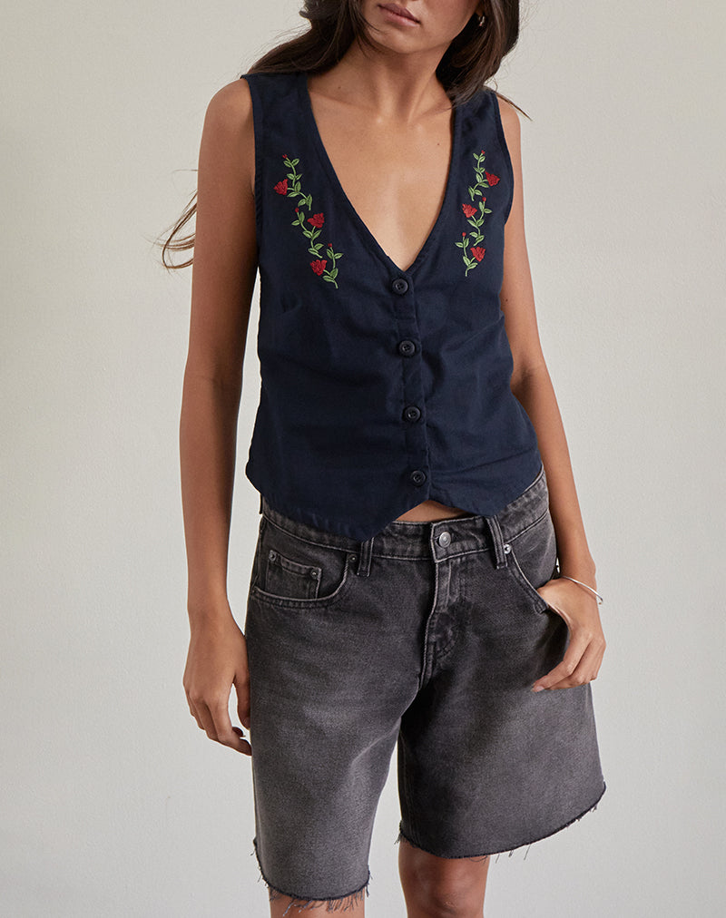 Gilet boutonné Cyna en tapisserie avec broderie de roses