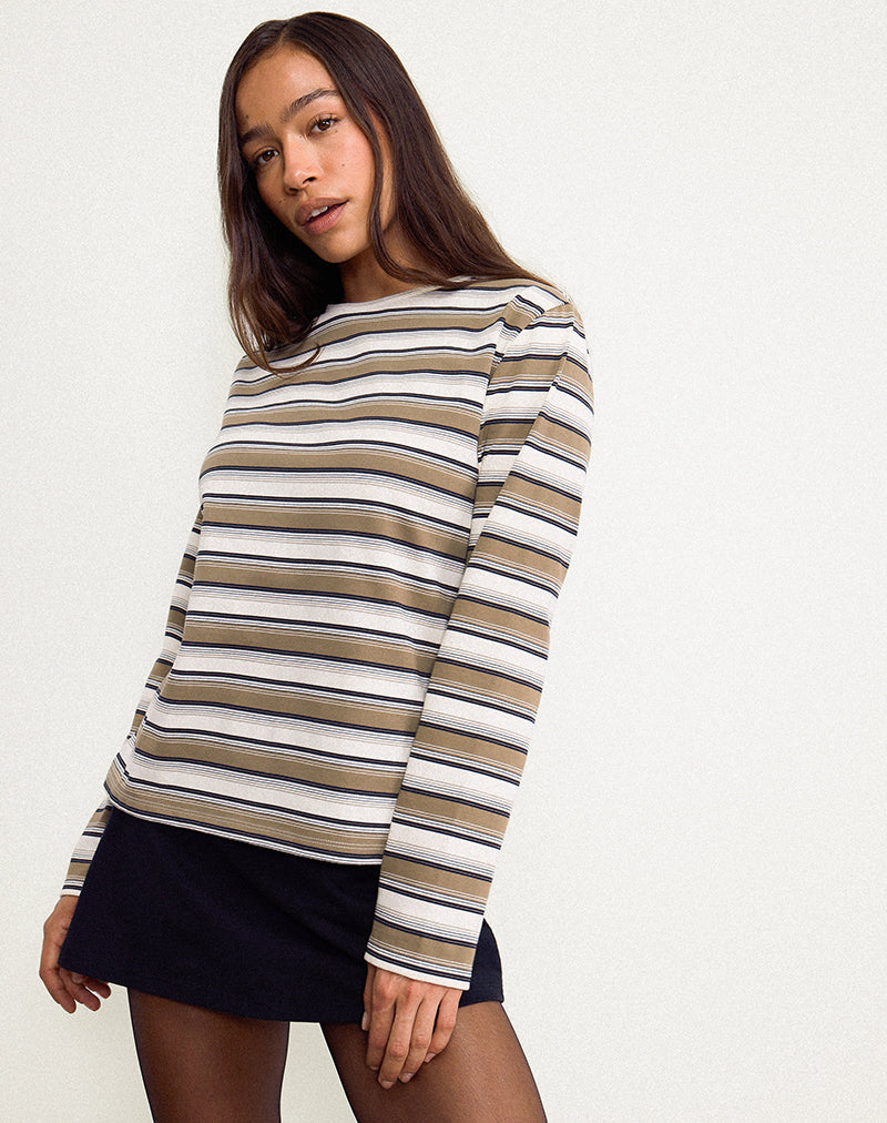 Dafika Long Sleeve Jersey Top in Brown and White Stripe (Top en jersey à manches longues à rayures marron et blanches)