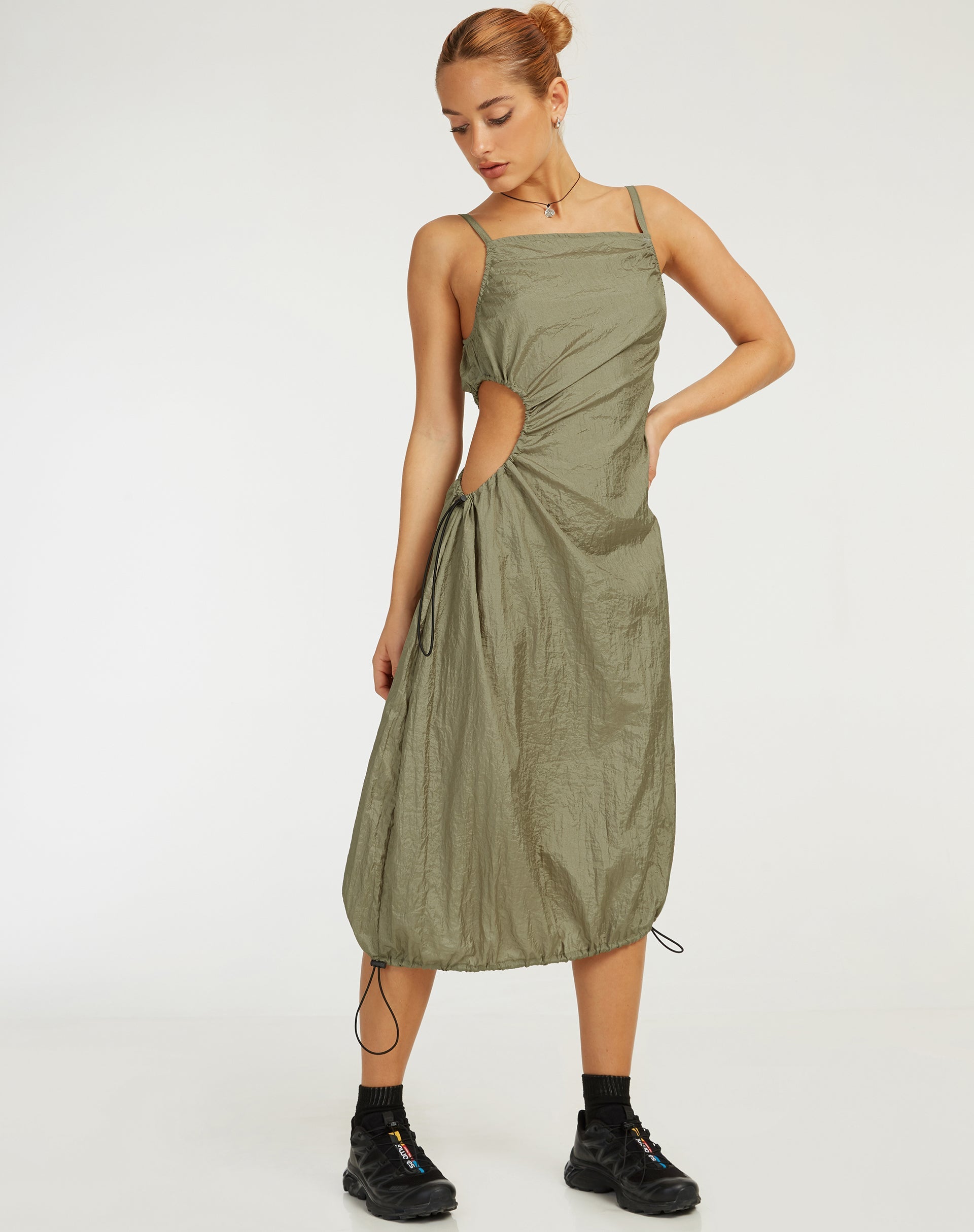 Image of Daichi Cut Out Midi Dress in Silver Green