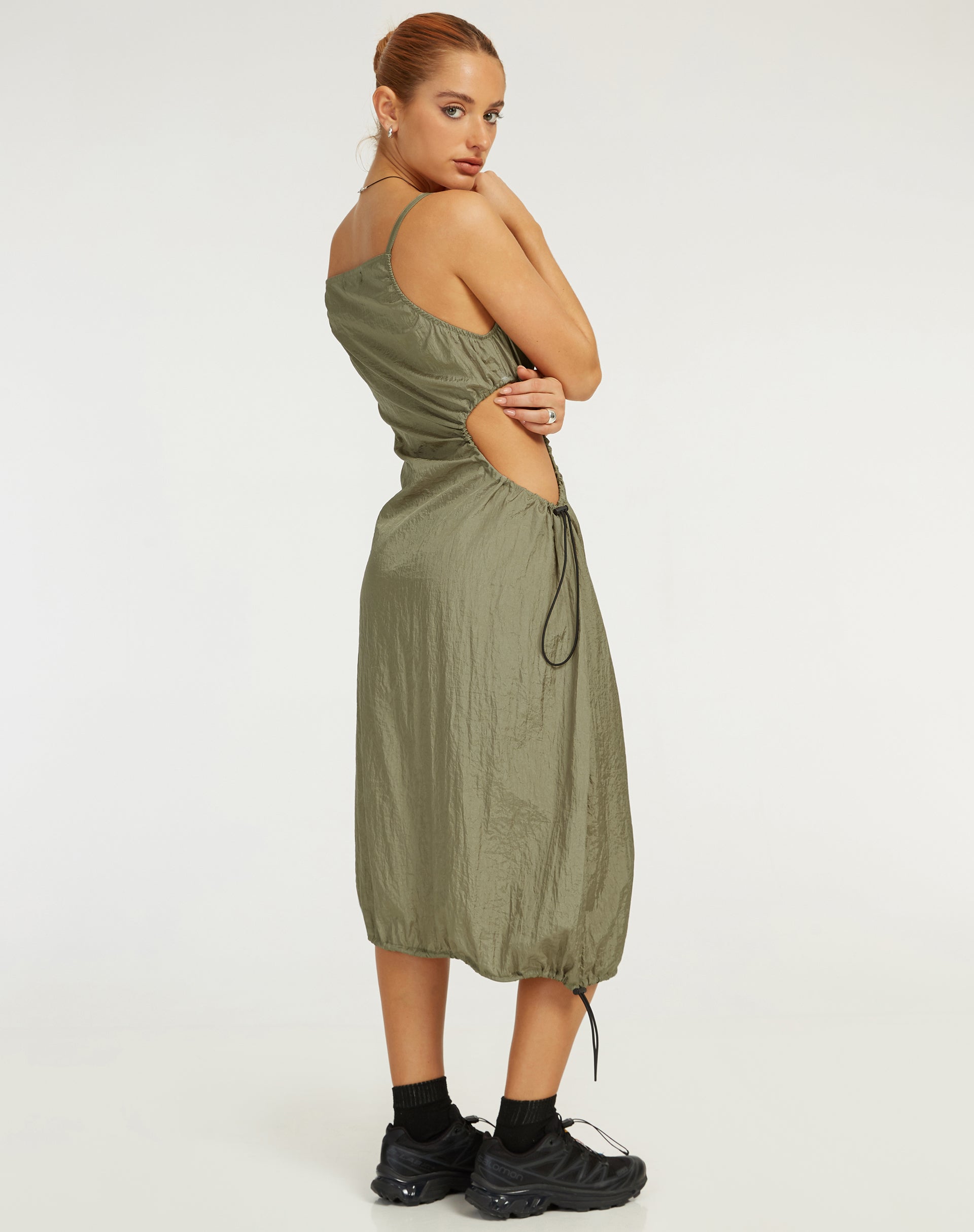 Image of Daichi Cut Out Midi Dress in Silver Green