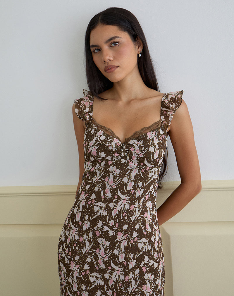Daita Midi Dress in Brown and Pink Polka Flower Chiffon (Robe midi en mousseline de soie marron et rose)