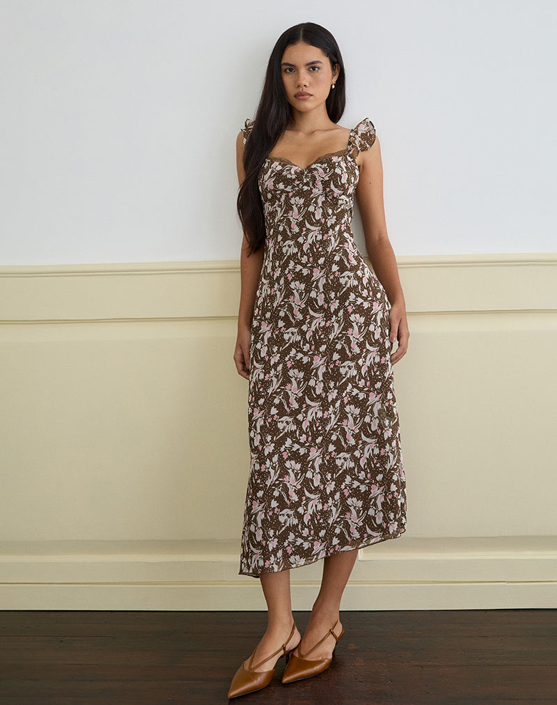 Daita Midi Dress in Brown and Pink Polka Flower Chiffon (Robe midi en mousseline de soie marron et rose)